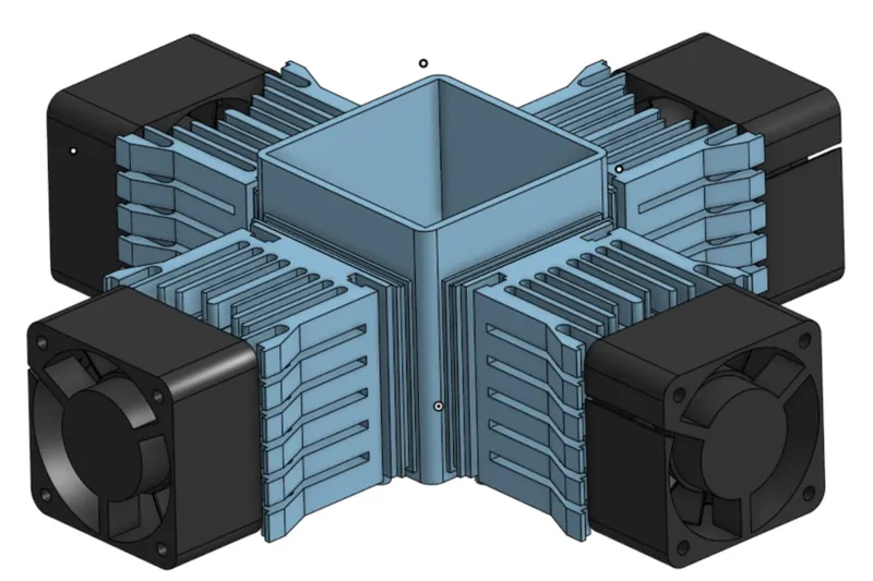 CAD render of a square central cup with four finned heat sinks and four fans.