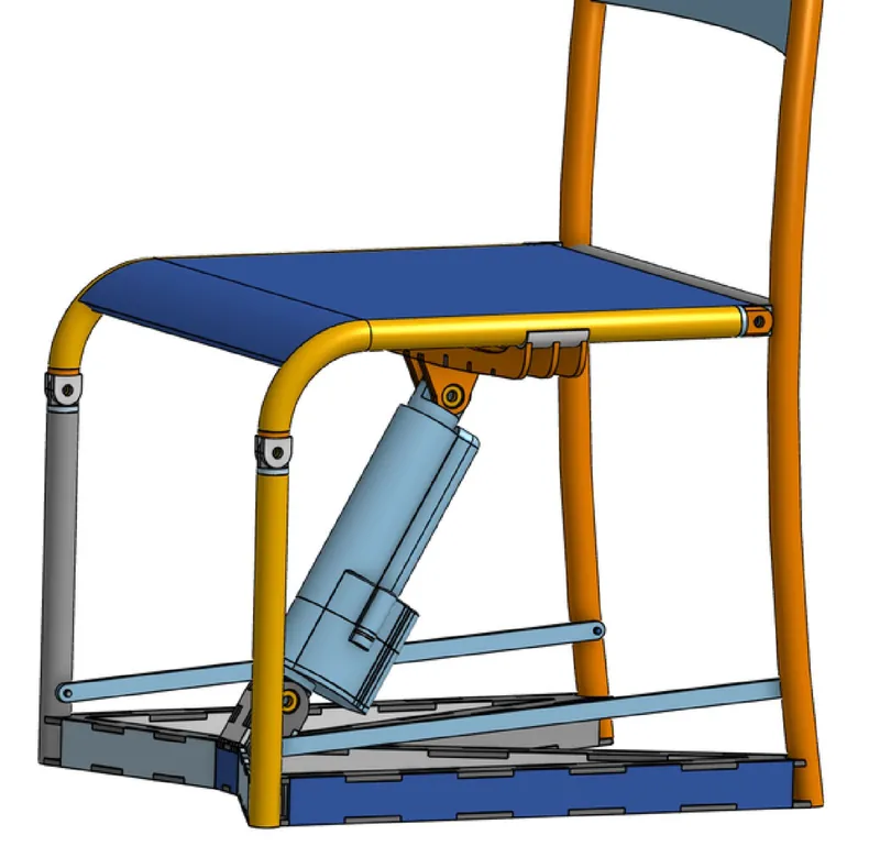 CAD render of a chair with a linear actuator mounted under the seat on a hinged base.