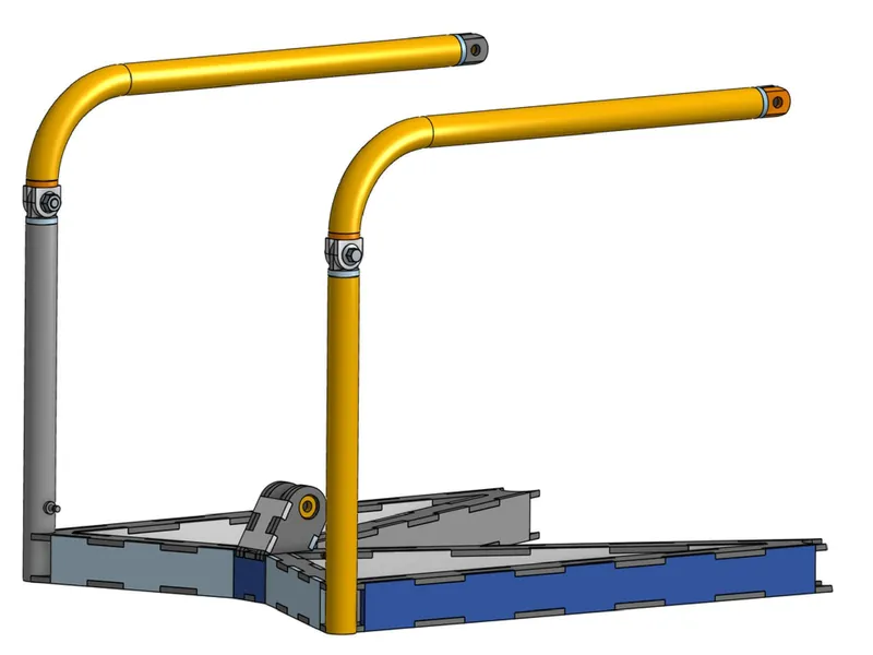 CAD render of the lifting frame: two bent tubes on a hinged base made of slotted panels.